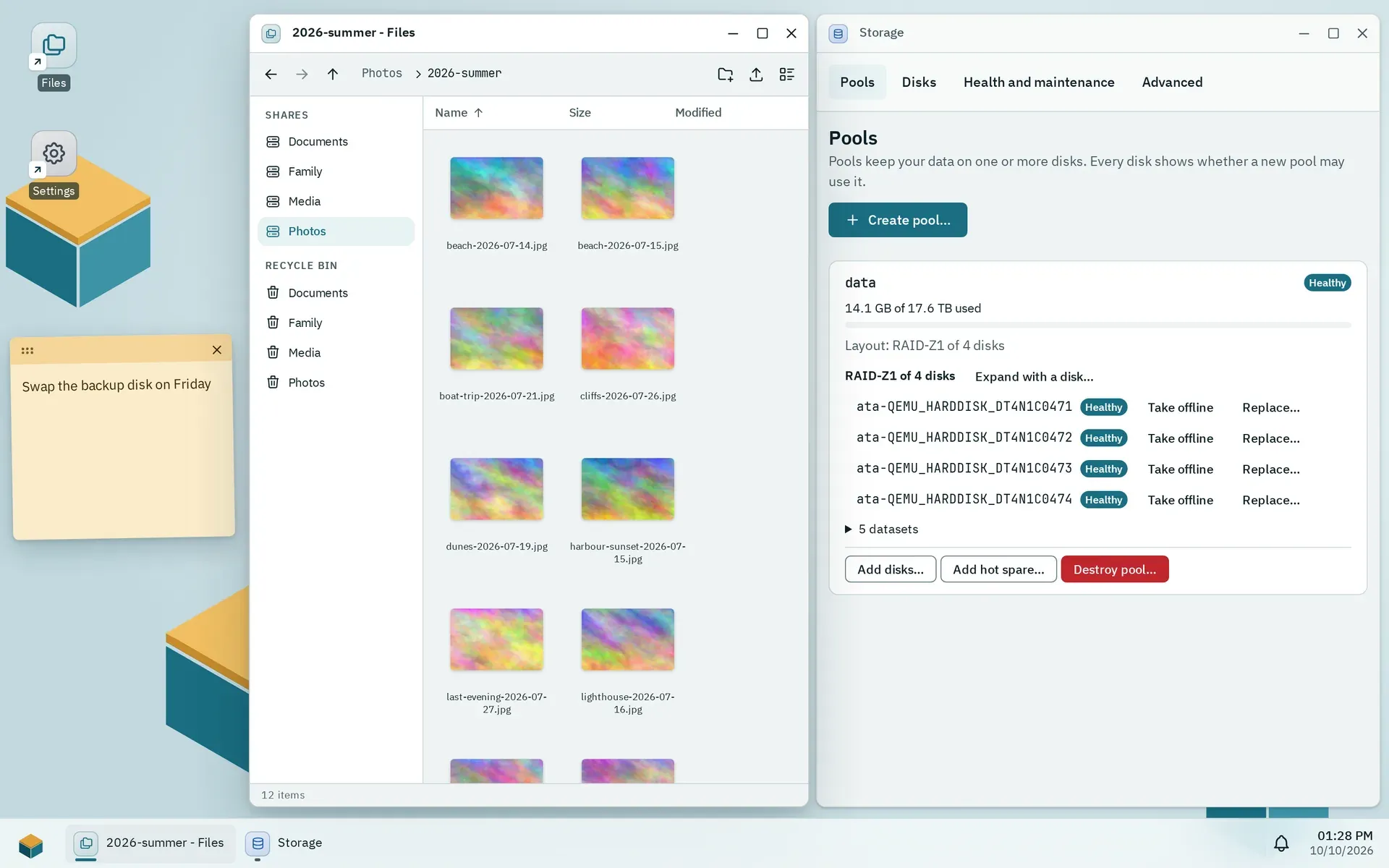 The Pithyx desktop in a browser: the Files and Storage windows side by side, two shortcuts and a sticky note on the desktop and the taskbar at the bottom